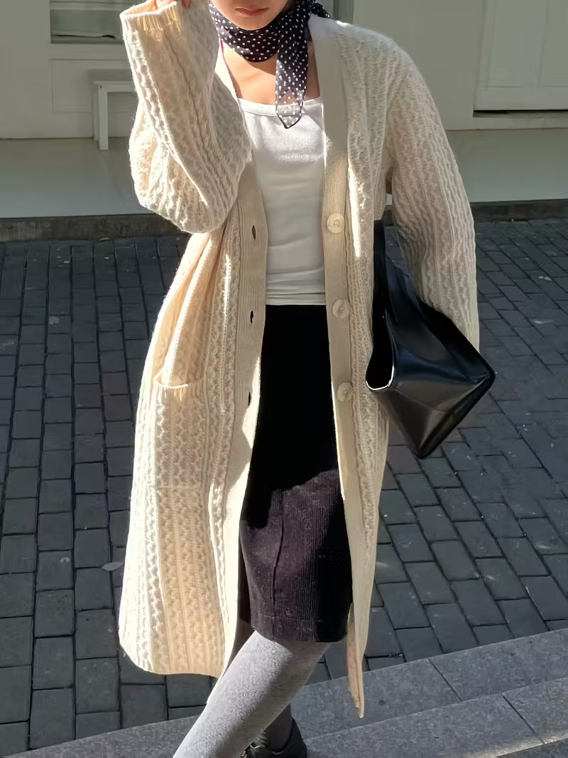 Cardigã longo vintage feminino com bolsos