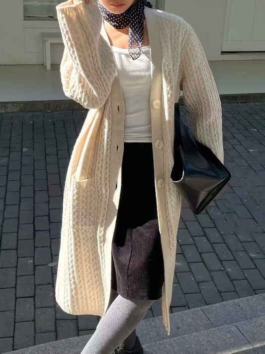 Cardigã longo vintage feminino com bolsos