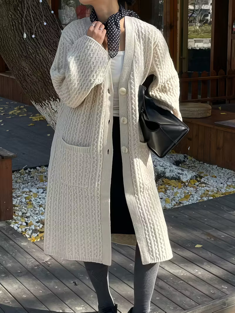 Cardigã longo vintage feminino com bolsos