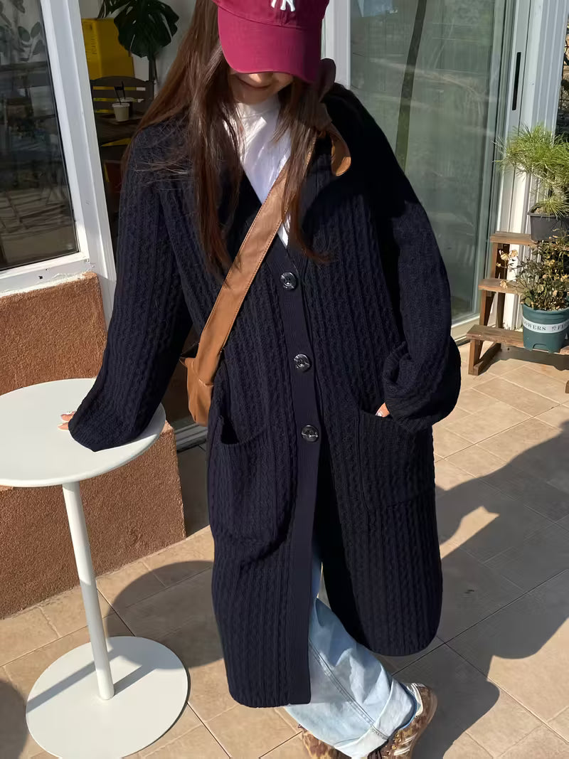 Cardigã longo vintage feminino com bolsos